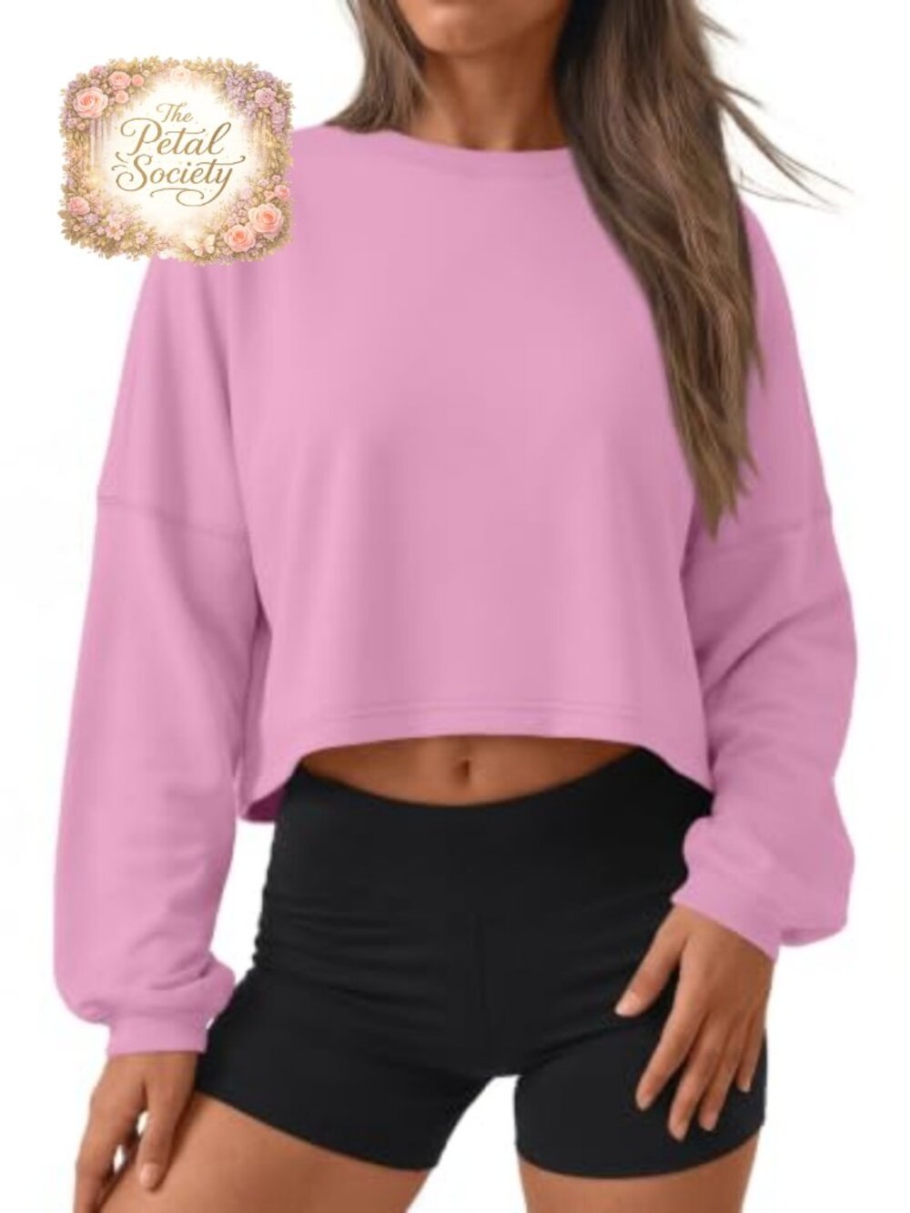 Cropped Crewneck Sweatshirt Long Sleeve Cotton Spandex Loose Fit Pullover